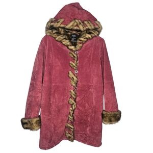 Vtg Dennis Basso Suede Coat‎ Faux Fur Trim Penny Lane Raspberry Pink Red Medium